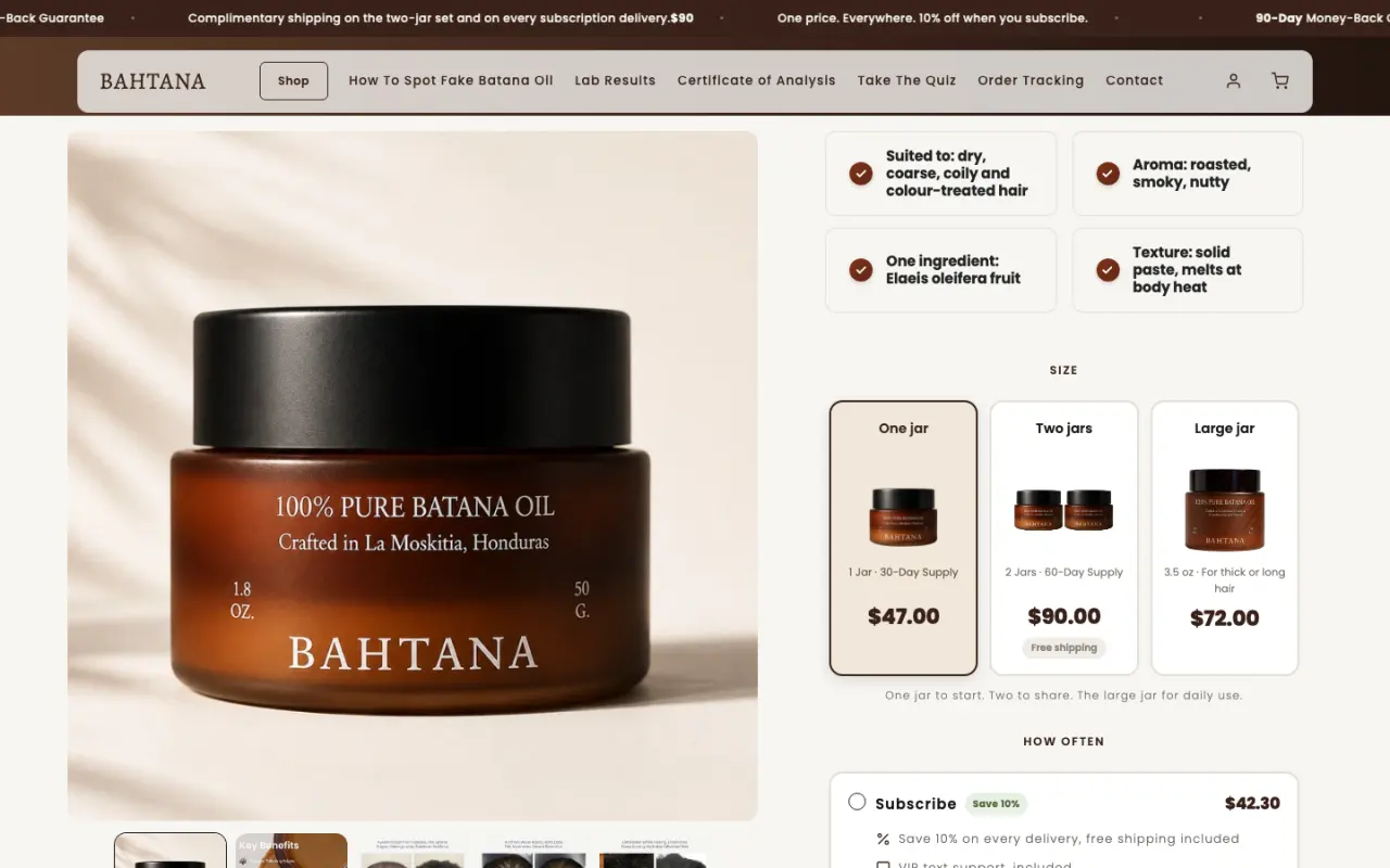 Bahtana product page with jar sizes and subscribe option