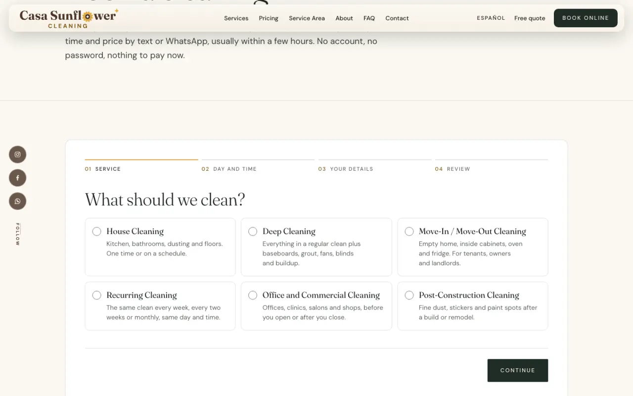 Casa Sunflower Cleaning three-step booking form