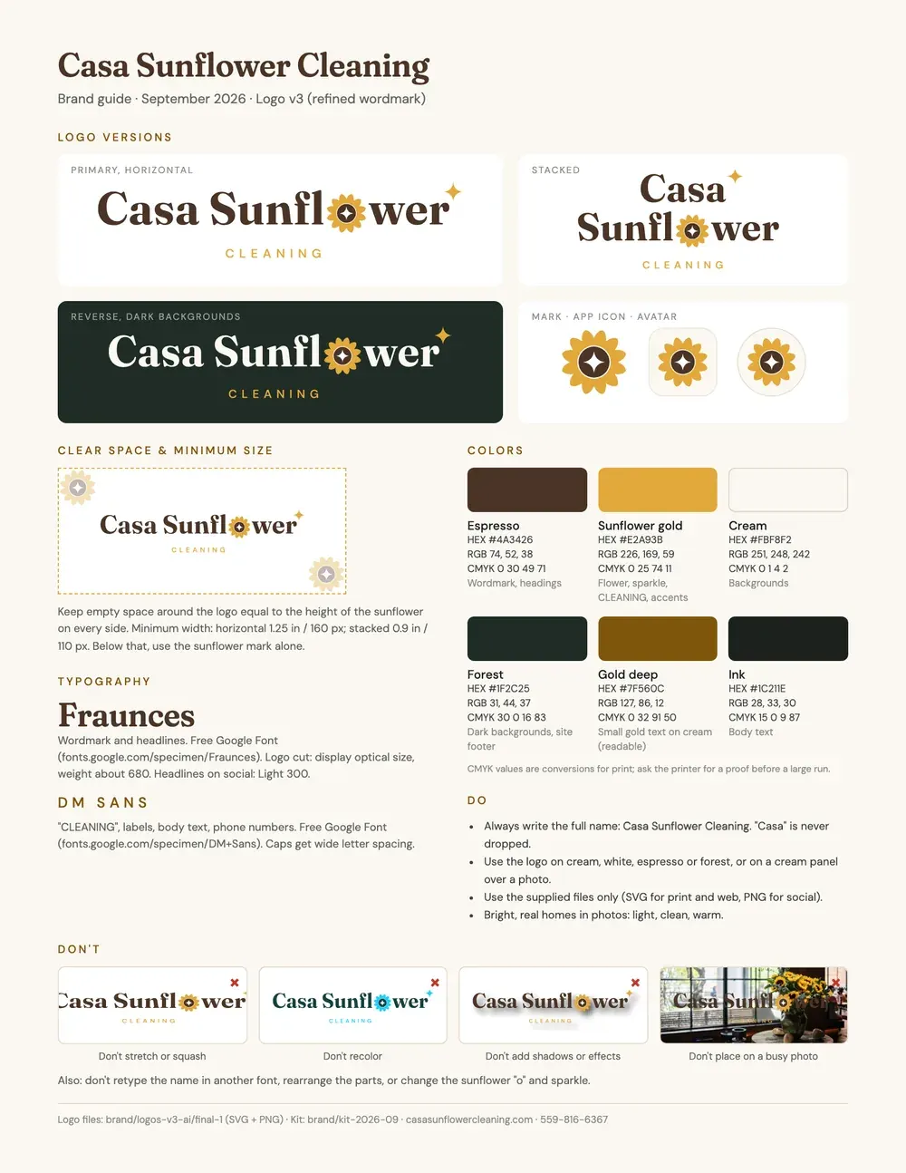 Casa Sunflower Cleaning brand guide with logo, colors and type