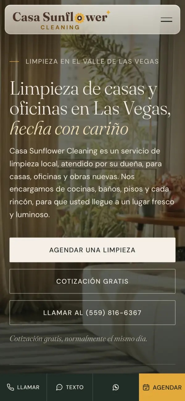 Casa Sunflower Spanish home page on a phone