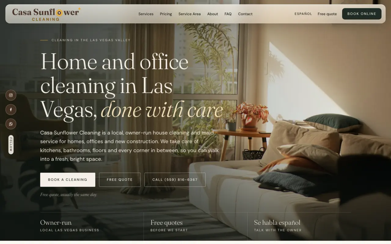 Casa Sunflower Cleaning home page on desktop