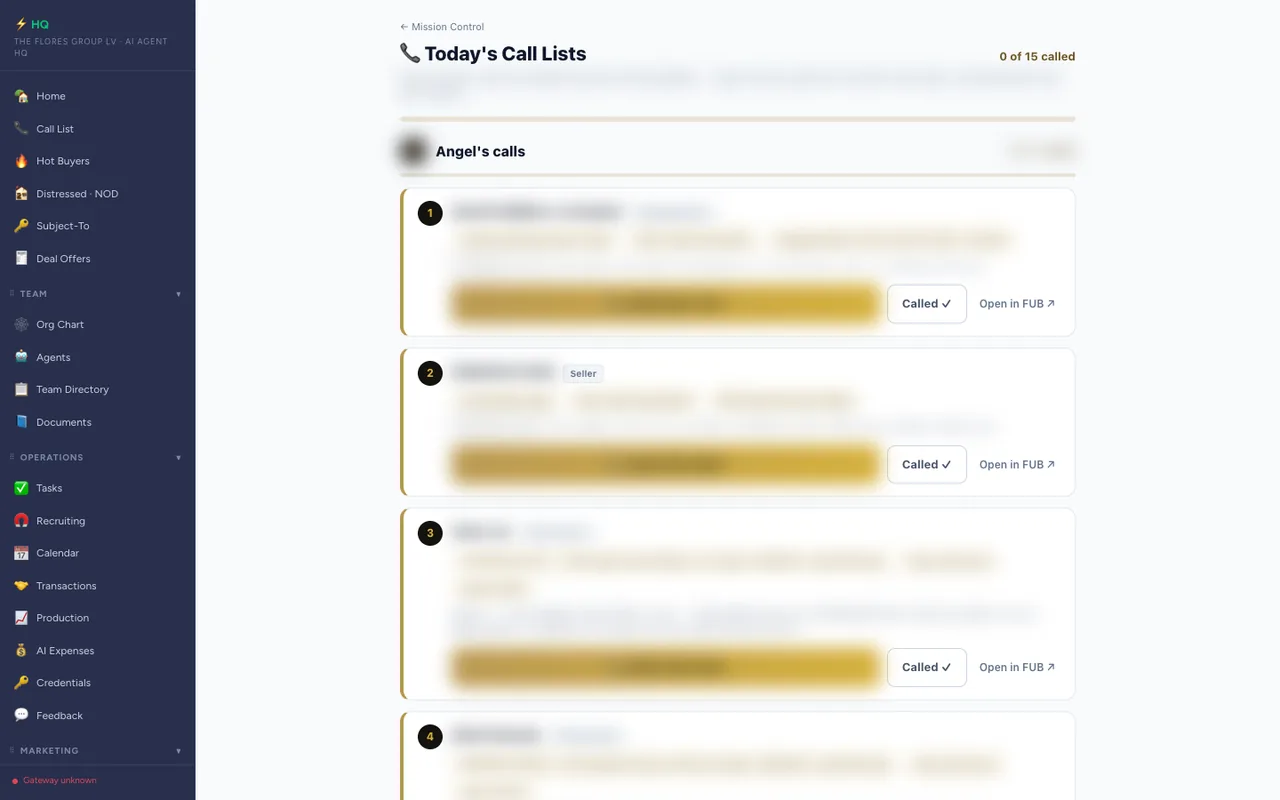 Mission Control daily call list, with lead details blurred