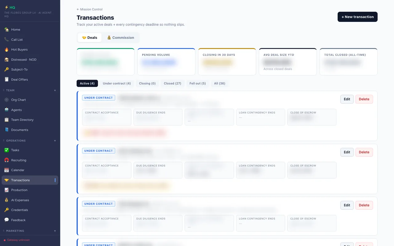 Mission Control transactions board, with client details blurred