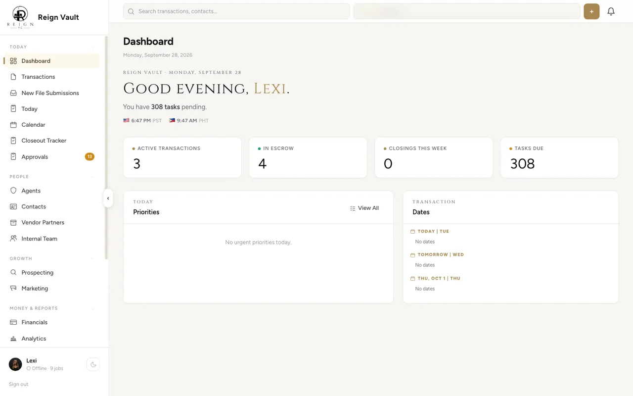 Reign Vault CRM dashboard