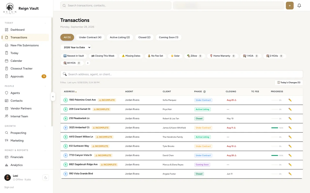 Reign Vault transactions pipeline, shown with demo files